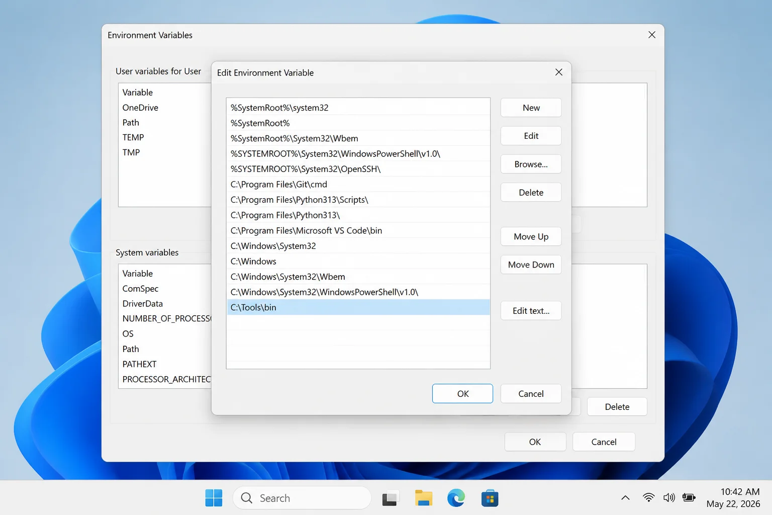 Edit environment variable dialog with C:\Tools\bin added as a separate Path entry and the OK button visible