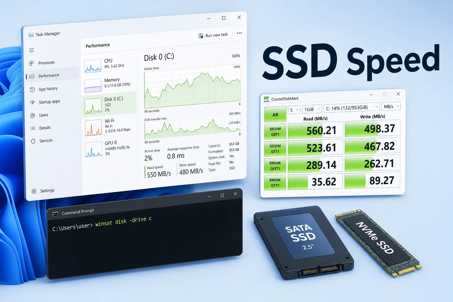 How to Check SSD Speed in Windows 11 (Task Manager, winsat, CrystalDiskMark)