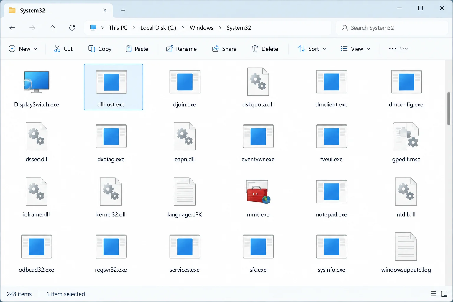 File Explorer open to C:\Windows\System32 with dllhost.exe selected after using "Open file location" from Task Manager
