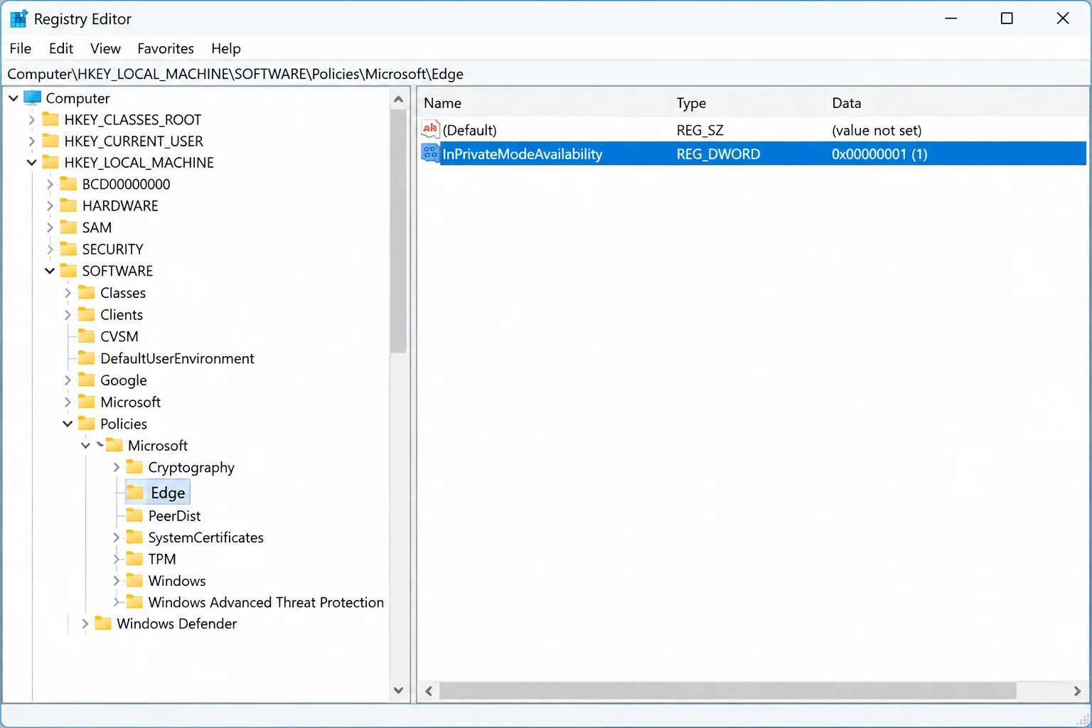Registry Editor at HKEY_LOCAL_MACHINE\SOFTWARE\Policies\Microsoft\Edge with a new DWORD value named InPrivateModeAvailability highlighted in the right pane