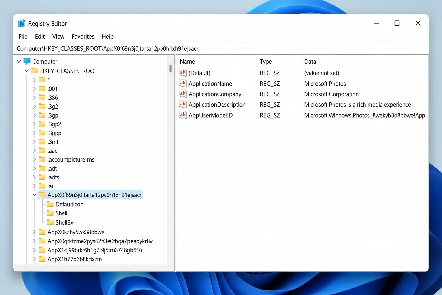 Registry Editor at HKEY_CLASSES_ROOT\AppID with the matching APPID key and component name visible