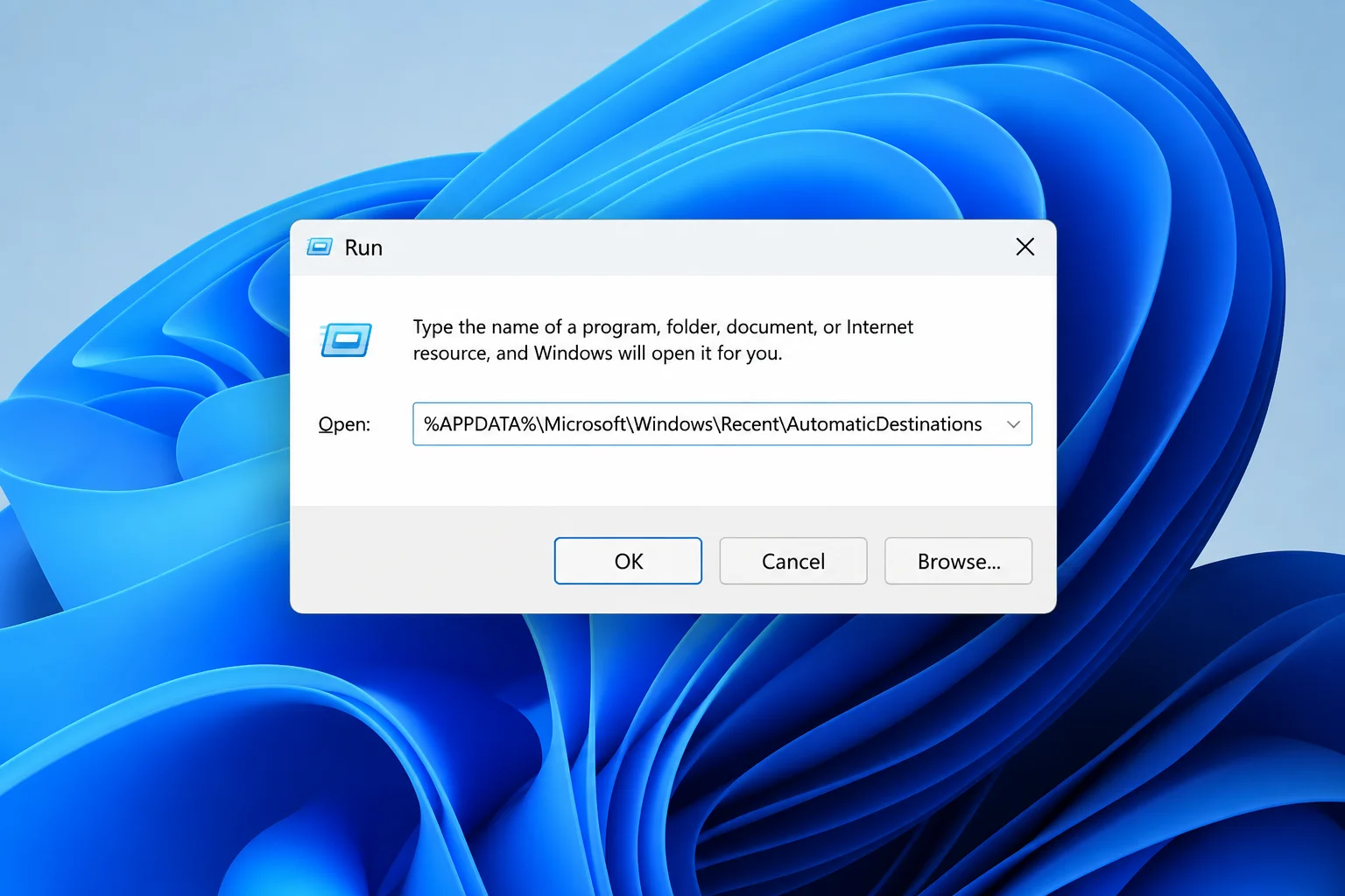 Run dialog with %APPDATA%\Microsoft\Windows\Recent\AutomaticDestinations typed into the Open field, ready to press OK