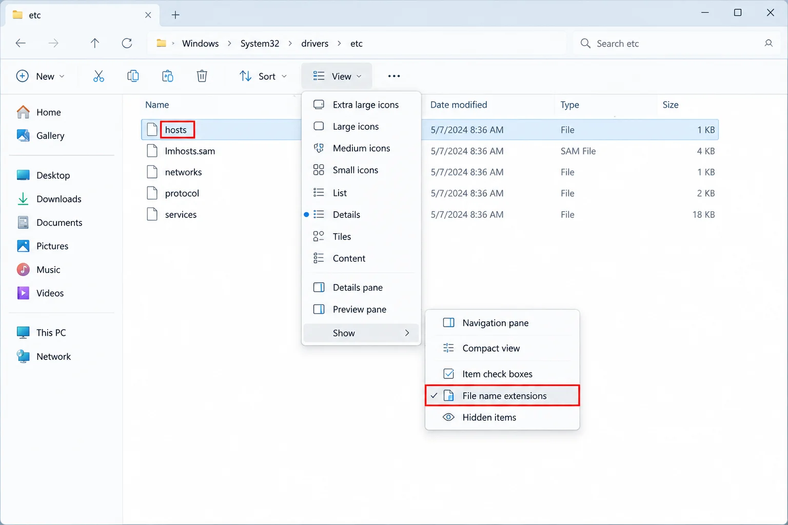 File Explorer open at C:\Windows\System32\drivers\etc with View > Show > File name extensions enabled, showing the hosts file with no extension alongside lmhosts.sam, networks, and protocol