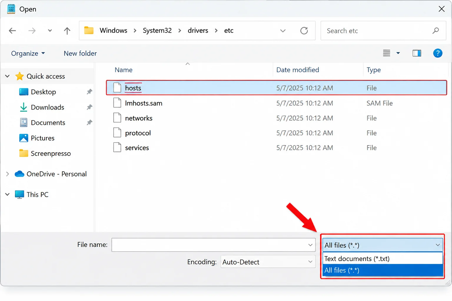 Notepad File > Open dialog browsed to C:\Windows\System32\drivers\etc with the file type dropdown set to 'All Files (*.*)' and the 'hosts' file visible and selected