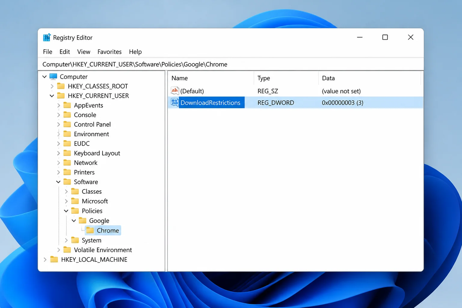 Registry Editor showing the path HKEY_CURRENT_USER\Software\Policies\Google\Chrome with a DownloadRestrictions DWORD value created, value data field highlighted