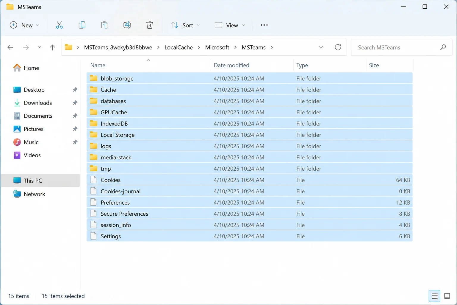 File Explorer open to the MSTeams_8wekyb3d8bbwe\LocalCache\Microsoft\MSTeams folder with all contents selected