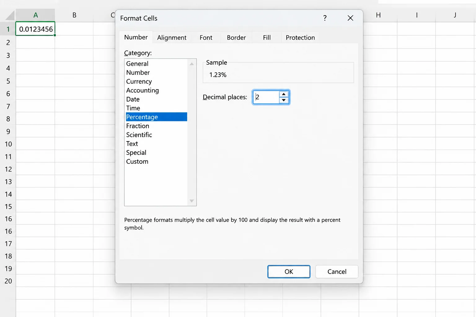 Format Cells dialog opened from Value Field Settings with the Percentage category selected and the Decimal places spinner highlighted