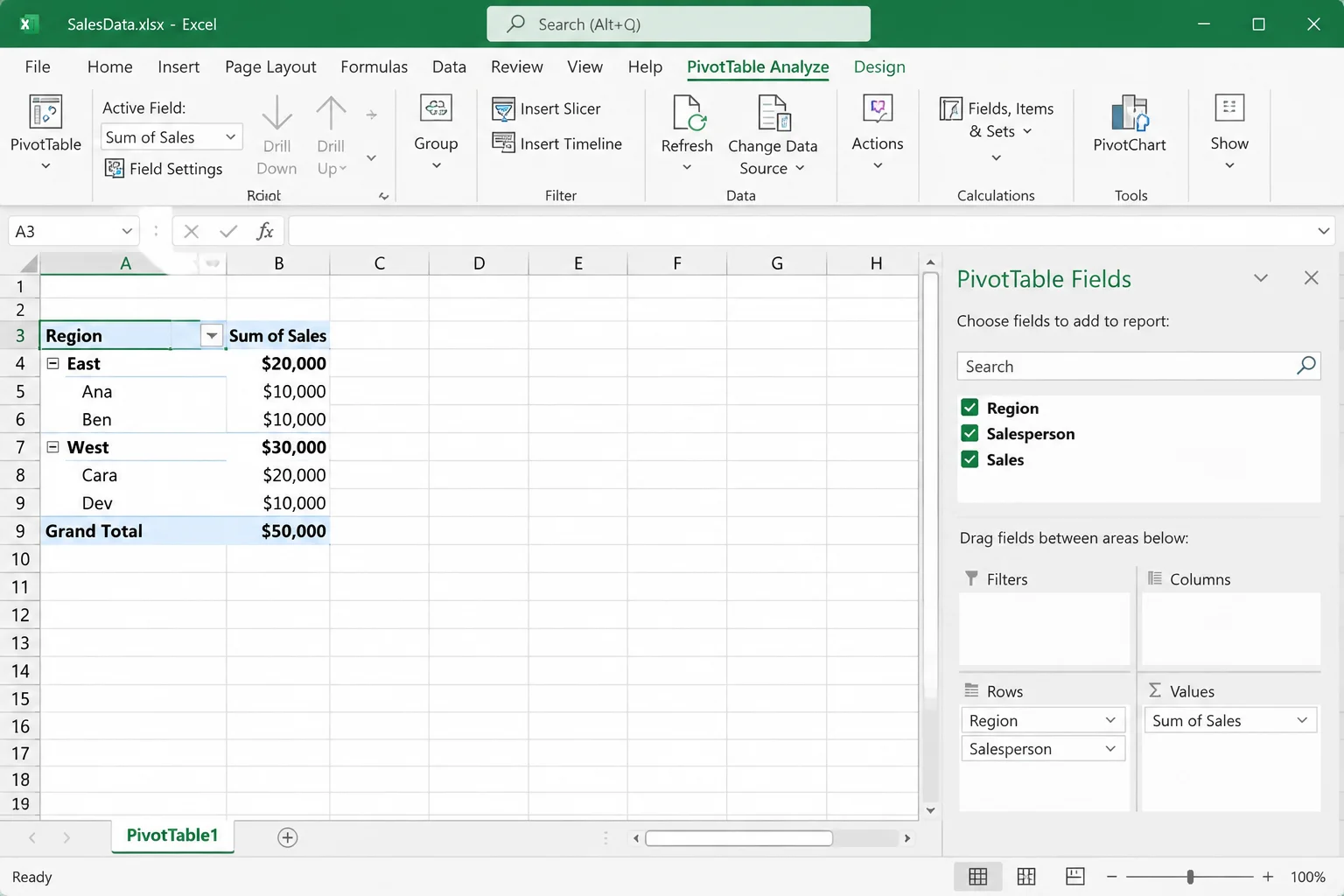 Windows 11 desktop with Excel open, showing the Region/Salesperson/Sales PivotTable on a new sheet and the PivotTable Fields pane docked on the right with Region and Salesperson in Rows and Sum of Sales in Values