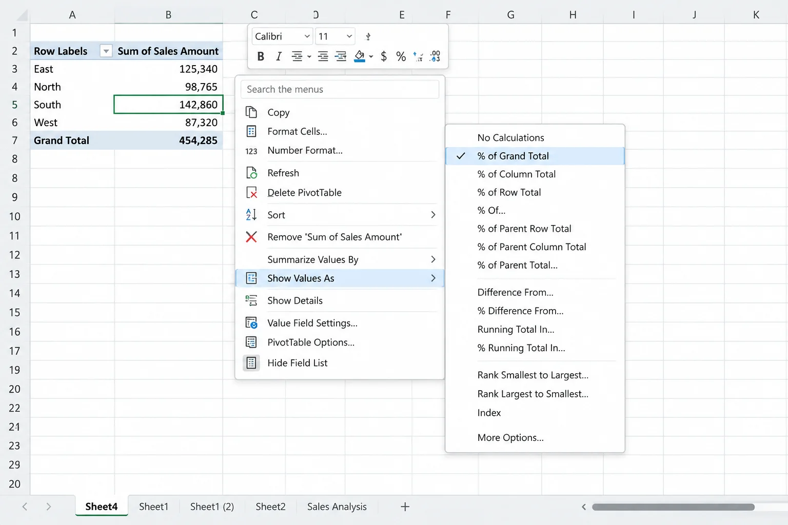 Right-click menu on a Sum of Sales cell with the Show Values As submenu expanded, showing No Calculation, % of Grand Total, % of Column Total, % of Row Total, % Of..., % of Parent Row Total, % of Parent Column Total, % of Parent Total..., and Running Total options
