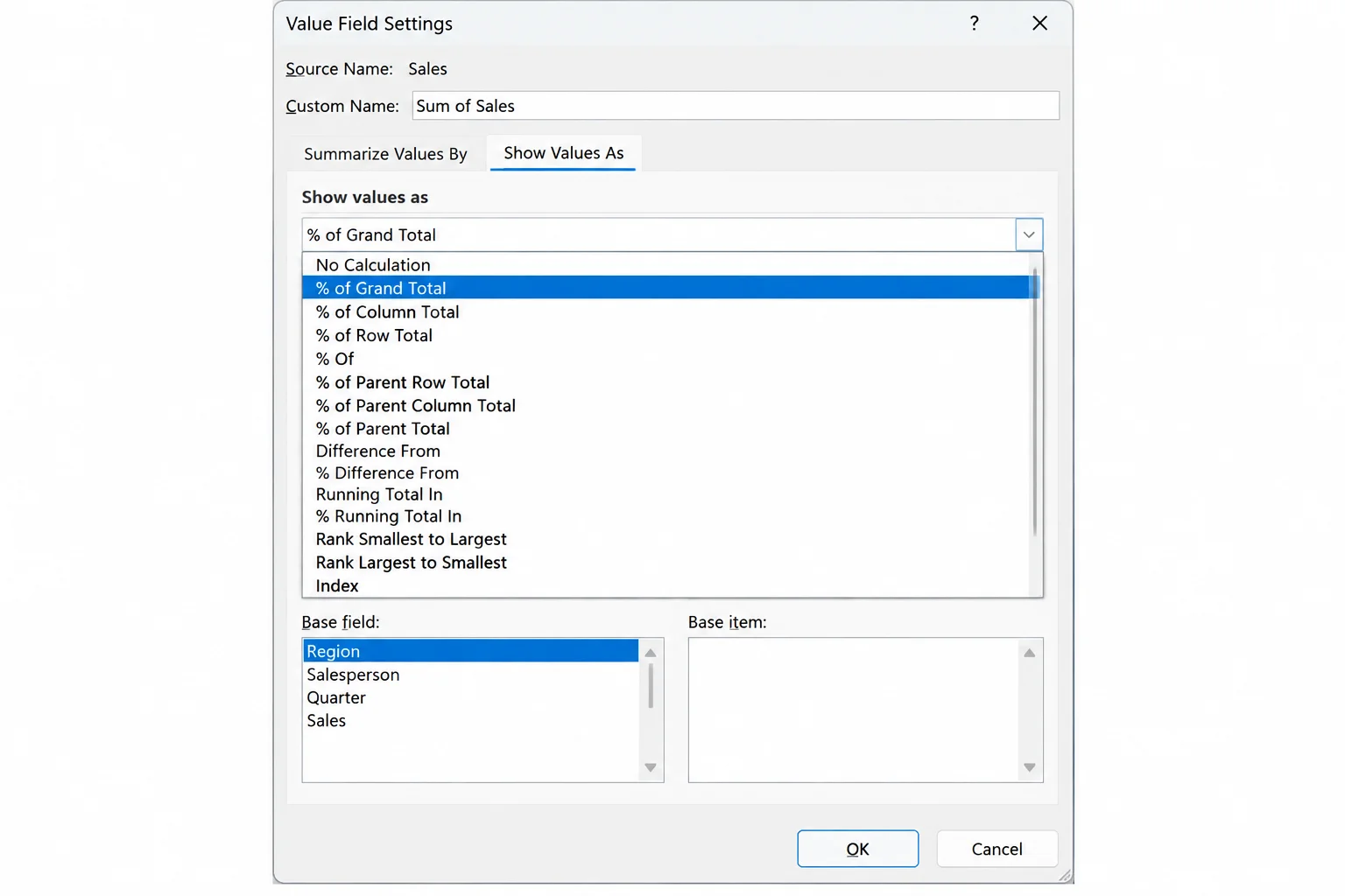 Value Field Settings dialog for Sum of Sales open to the Show Values As tab, with the Show values as dropdown expanded and the Base field and Base item lists visible below it