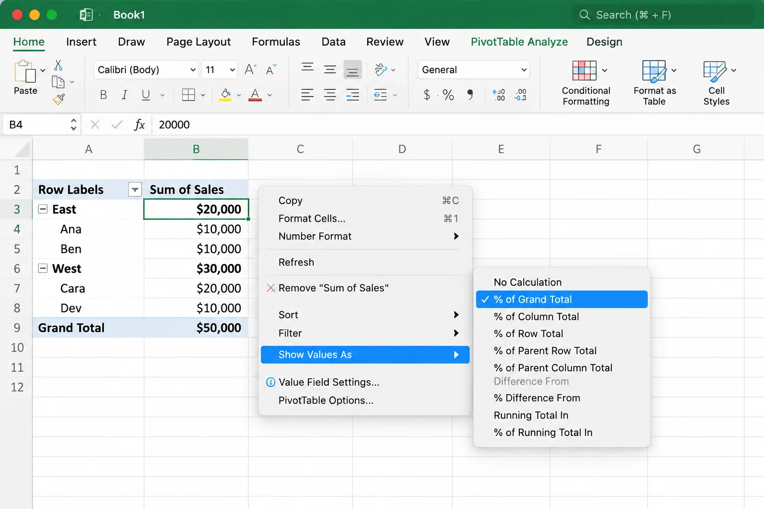 macOS desktop with Excel for Mac open, showing the example PivotTable and the Control-click menu with Show Values As expanded
