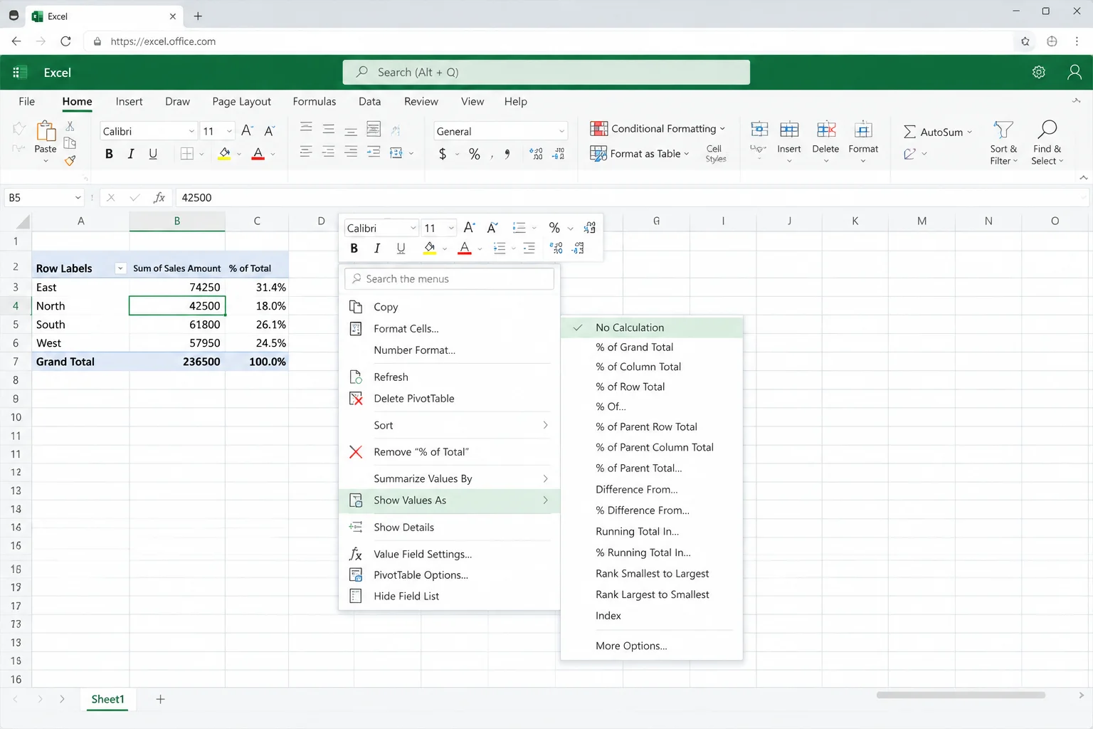 Browser window with Excel for the web showing the example PivotTable, the right-click menu on a Sum of Sales cell, and the Show Values As submenu expanded