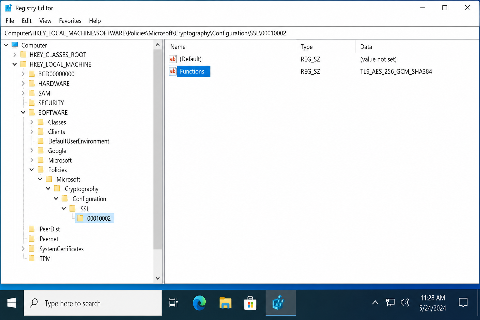 Registry Editor open at HKLM\SOFTWARE\Policies\Microsoft\Cryptography\Configuration\SSL\00010002 with the Functions value highlighted