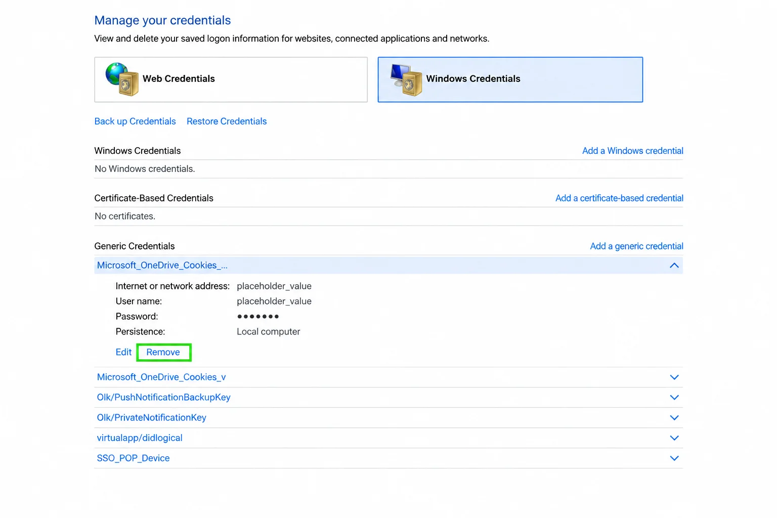 Control Panel Credential Manager with the Windows Credentials tab selected, showing the list of Generic Credentials, with Office- or Teams-related entries and the Remove link highlighted