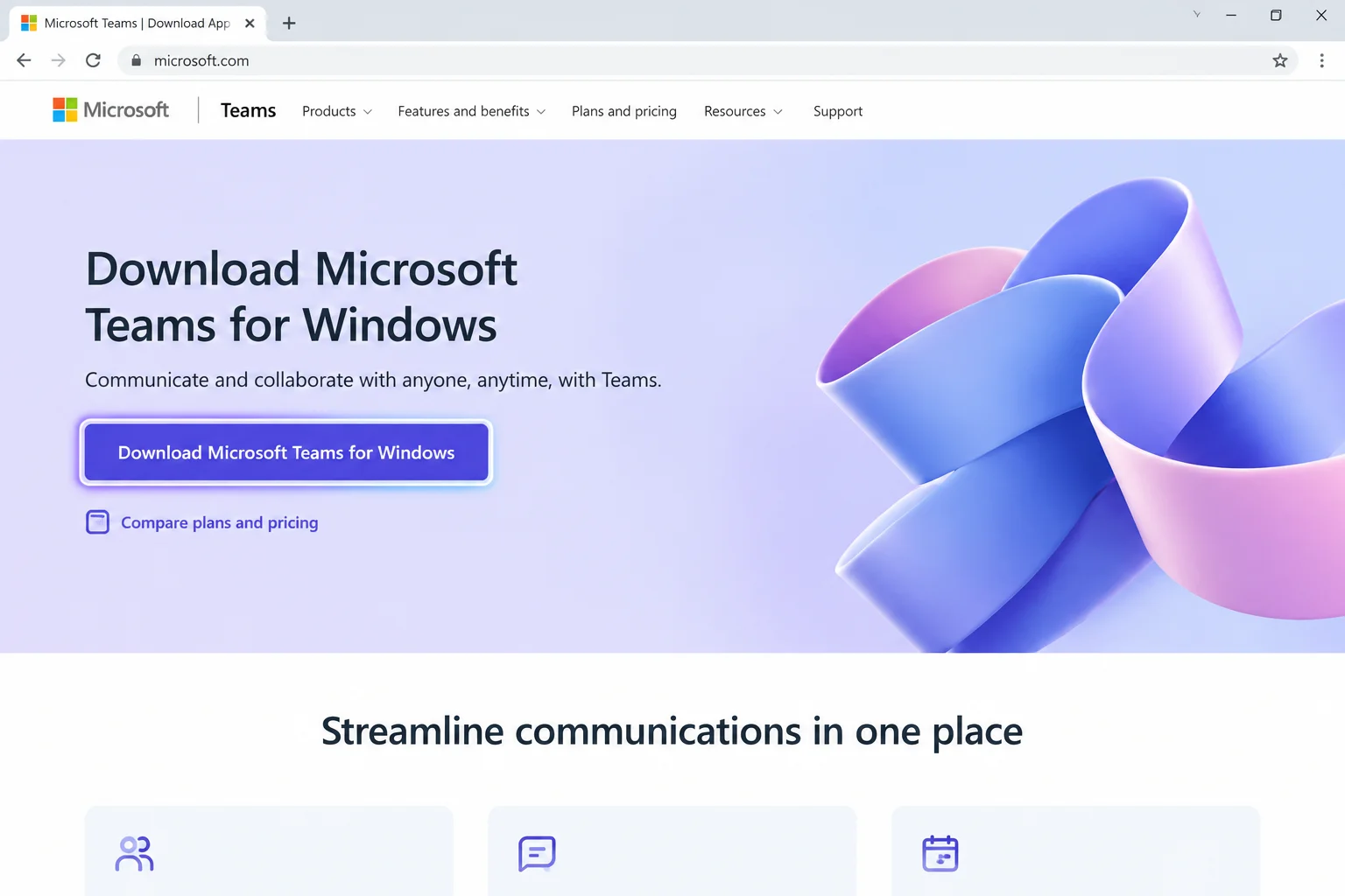 Official Microsoft Teams download page with the Download for Windows button highlighted