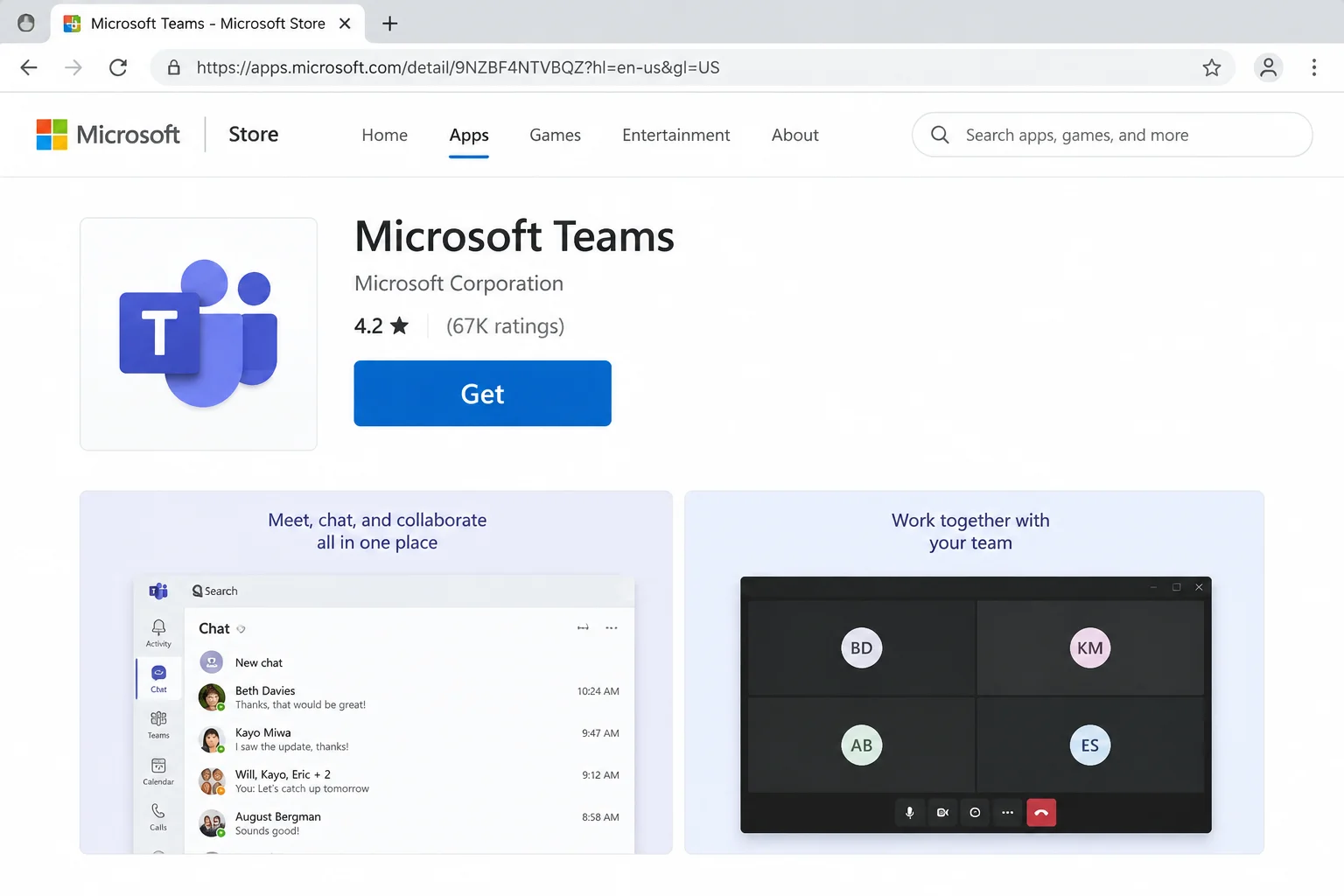 Microsoft Store web listing for Microsoft Teams with the Get/Install button highlighted