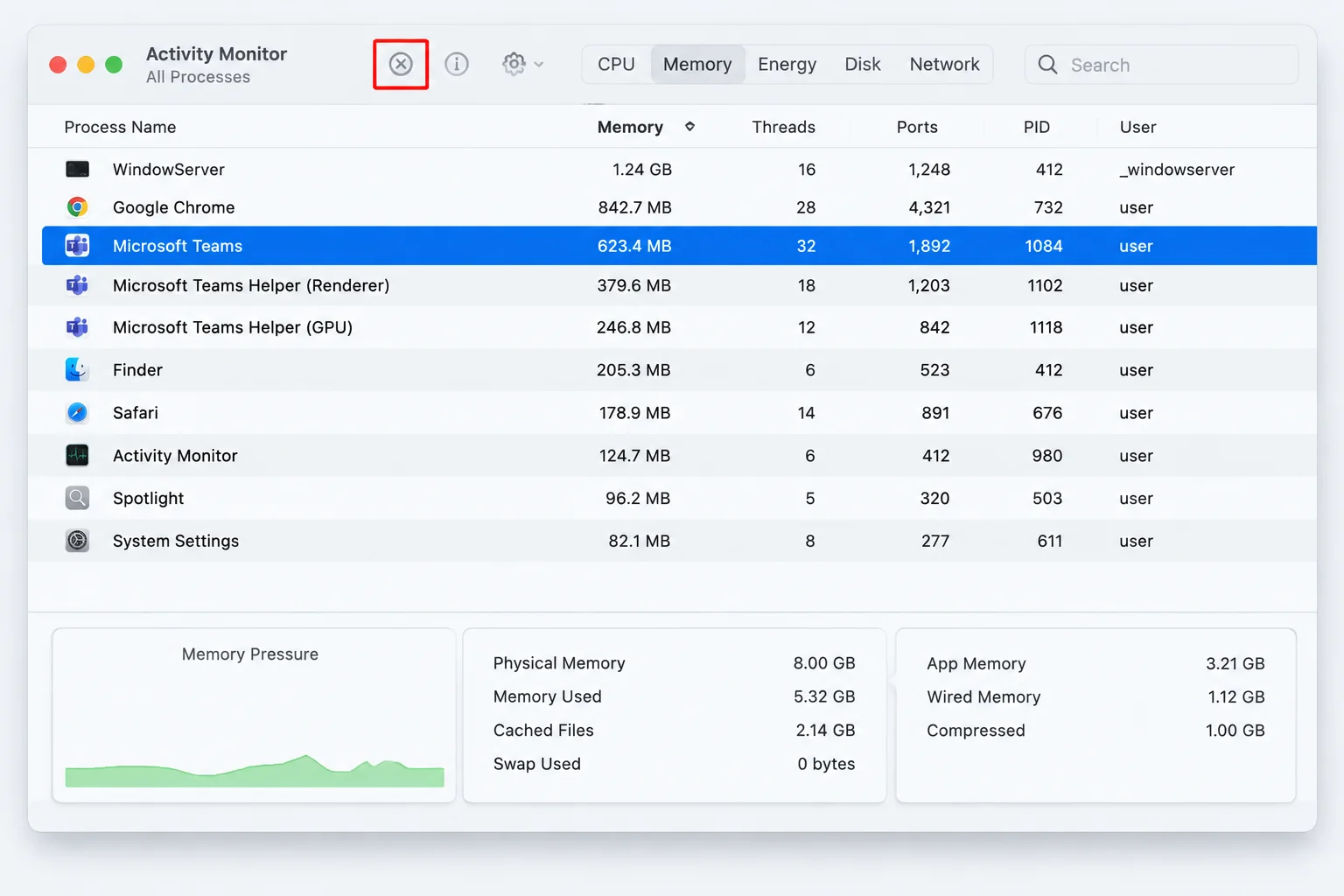 macOS Activity Monitor with the Microsoft Teams process selected and the Stop (X) button highlighted