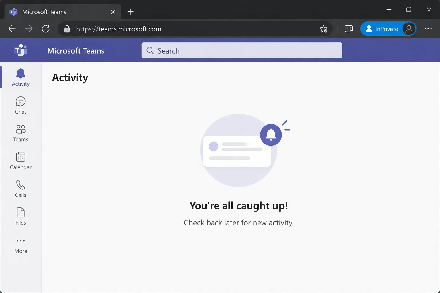 Microsoft Edge InPrivate window open at the Teams web app address, showing the InPrivate badge in the browser toolbar
