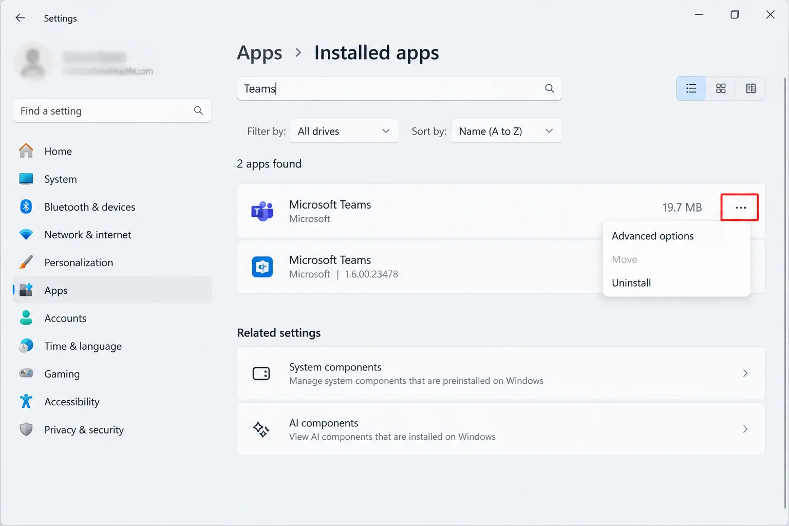 Windows 11 Settings > Apps > Installed apps with "Teams" typed in the search box, showing the Microsoft Teams entry and its three-dot (…) menu button highlighted
