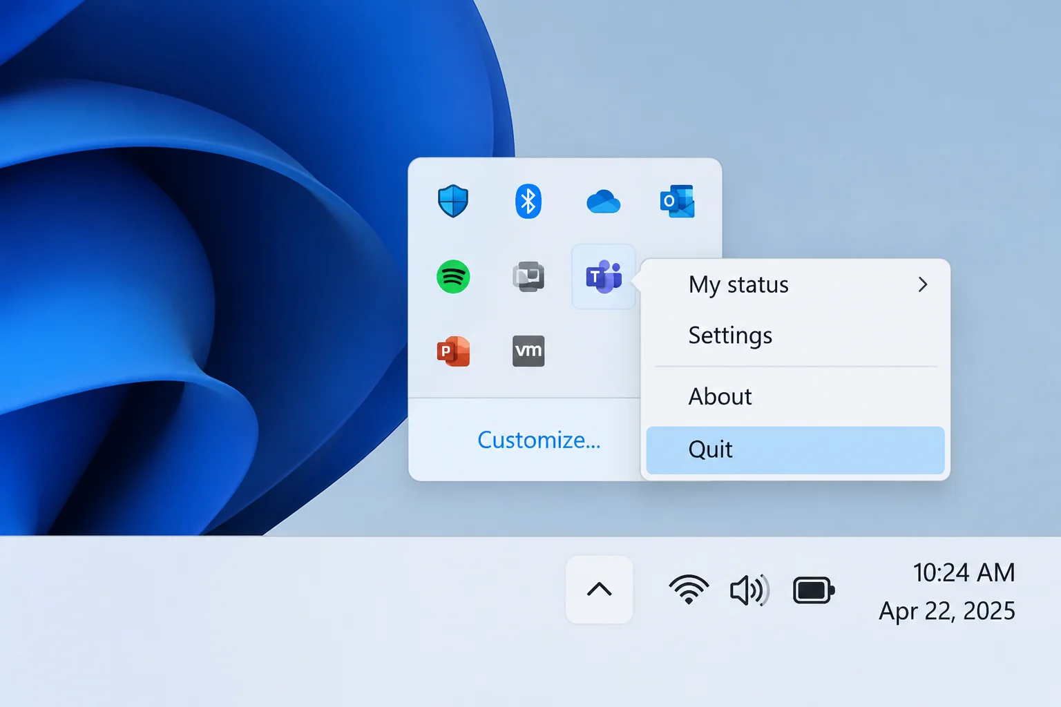 Windows 11 system tray overflow opened from the ^ arrow, with the Microsoft Teams icon right-clicked and the Quit option highlighted in the context menu