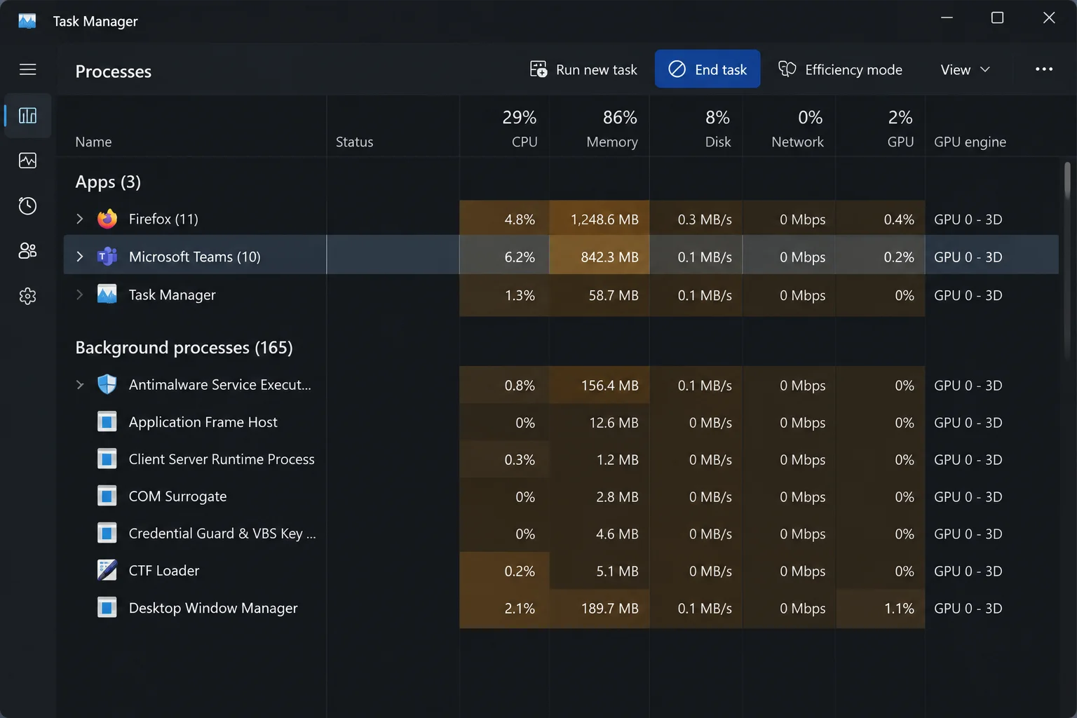 Task Manager Processes tab with the Microsoft Teams row selected and the End task button highlighted
