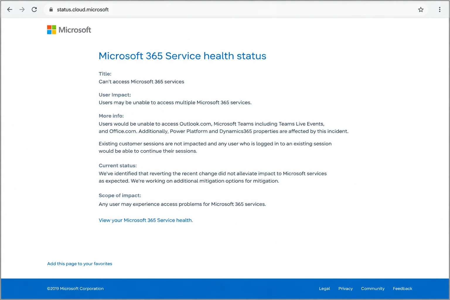 Public Microsoft 365 service status page showing the current service health summary
