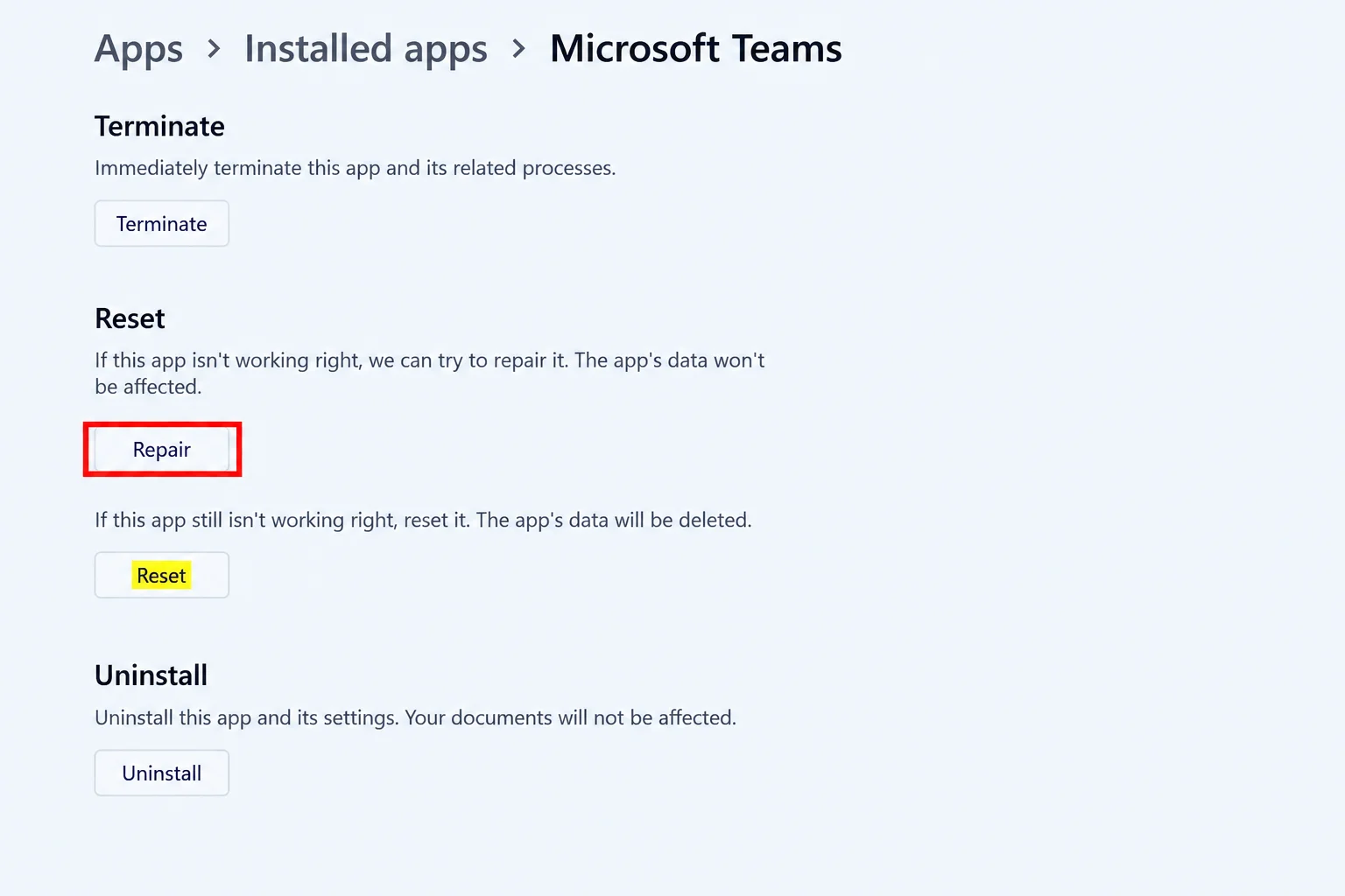 Microsoft Teams Advanced options page in Windows 11 Settings showing the Terminate, Repair, and Reset buttons, with Repair and Reset highlighted