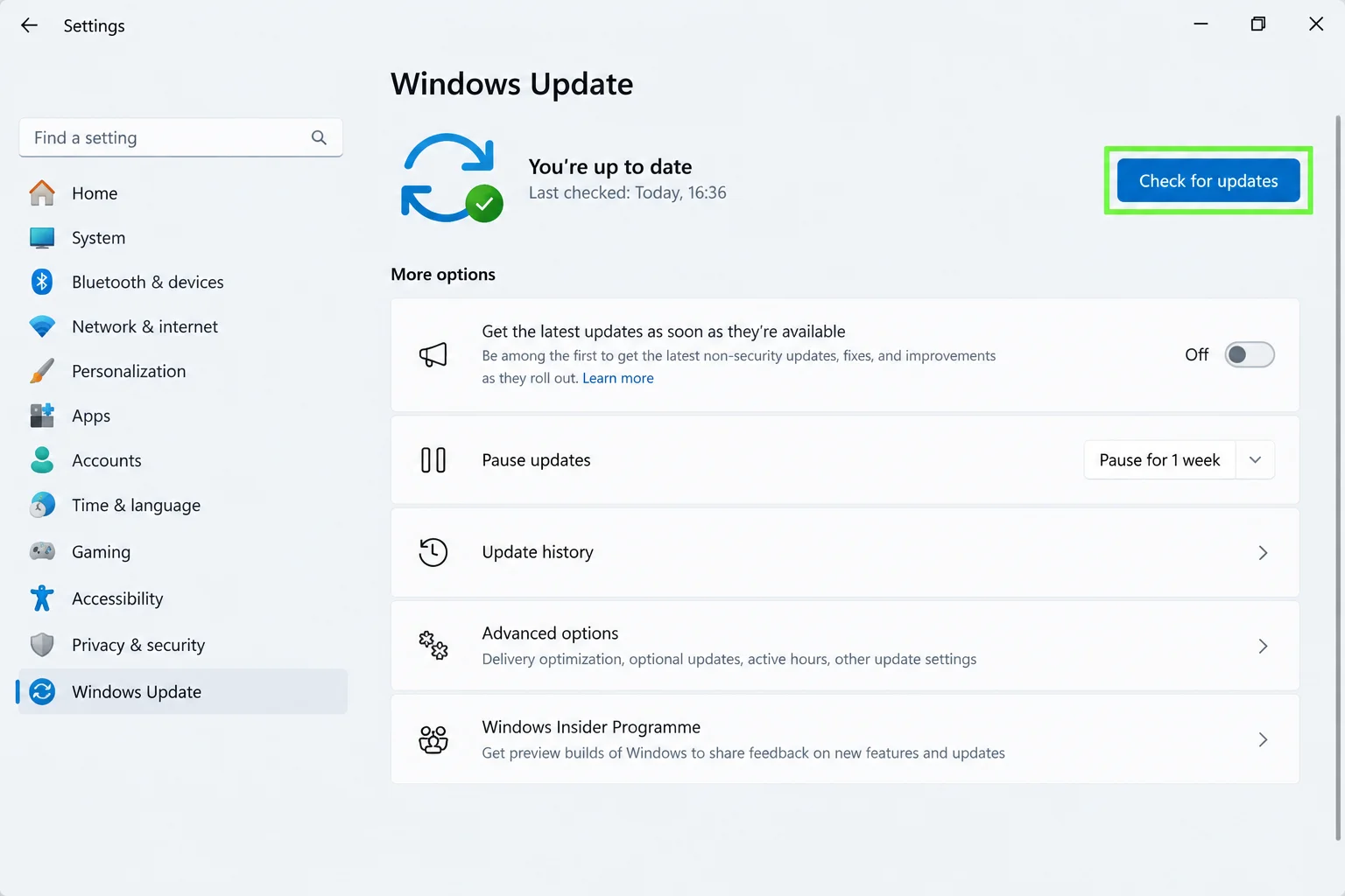 Windows 11 Settings > Windows Update page with the Check for updates button highlighted
