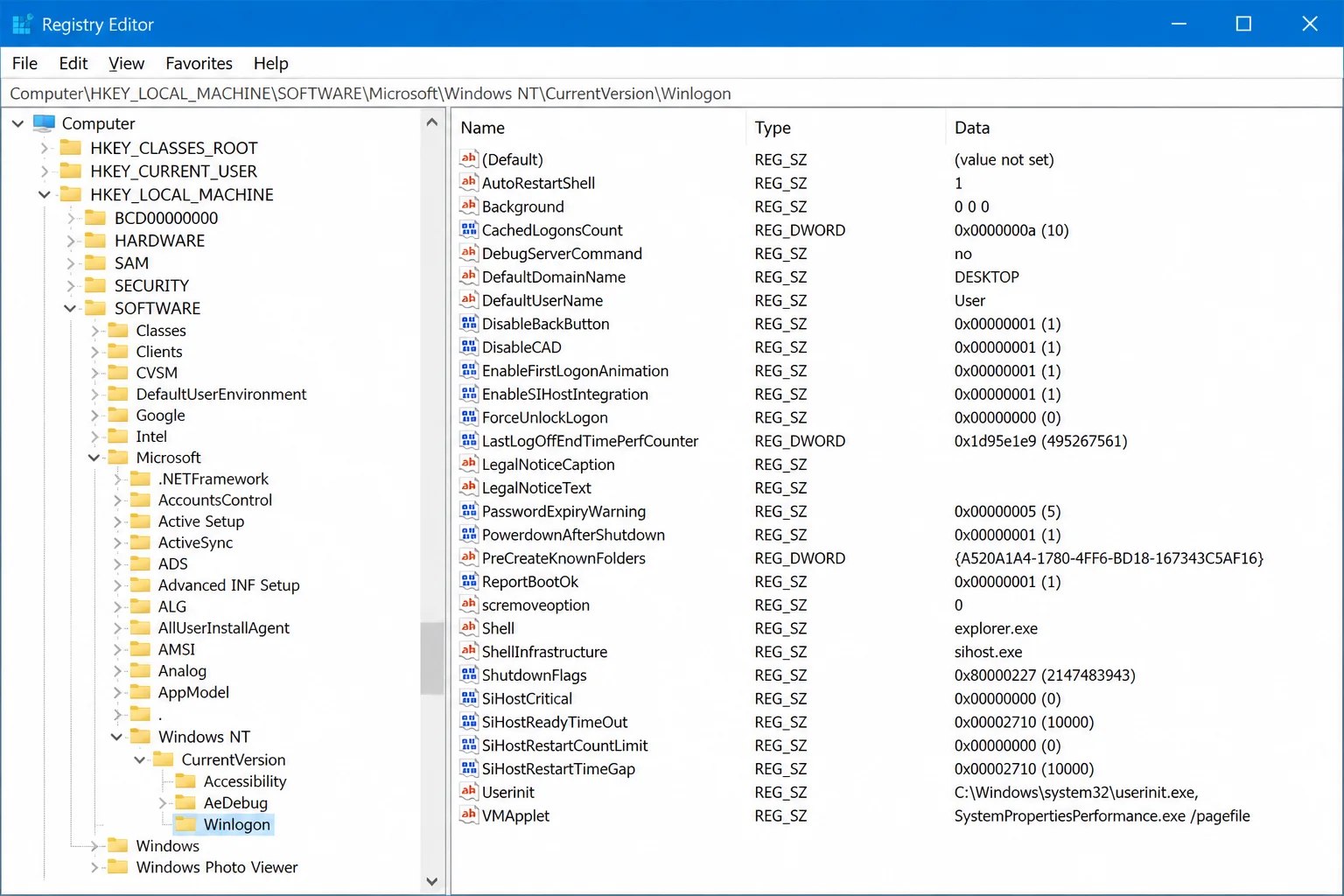 Registry Editor showing HKEY_LOCAL_MACHINE\SOFTWARE\Microsoft\Windows NT\CurrentVersion\Winlogon with Shell set to explorer.exe and Userinit showing C:\Windows\system32\userinit.exe