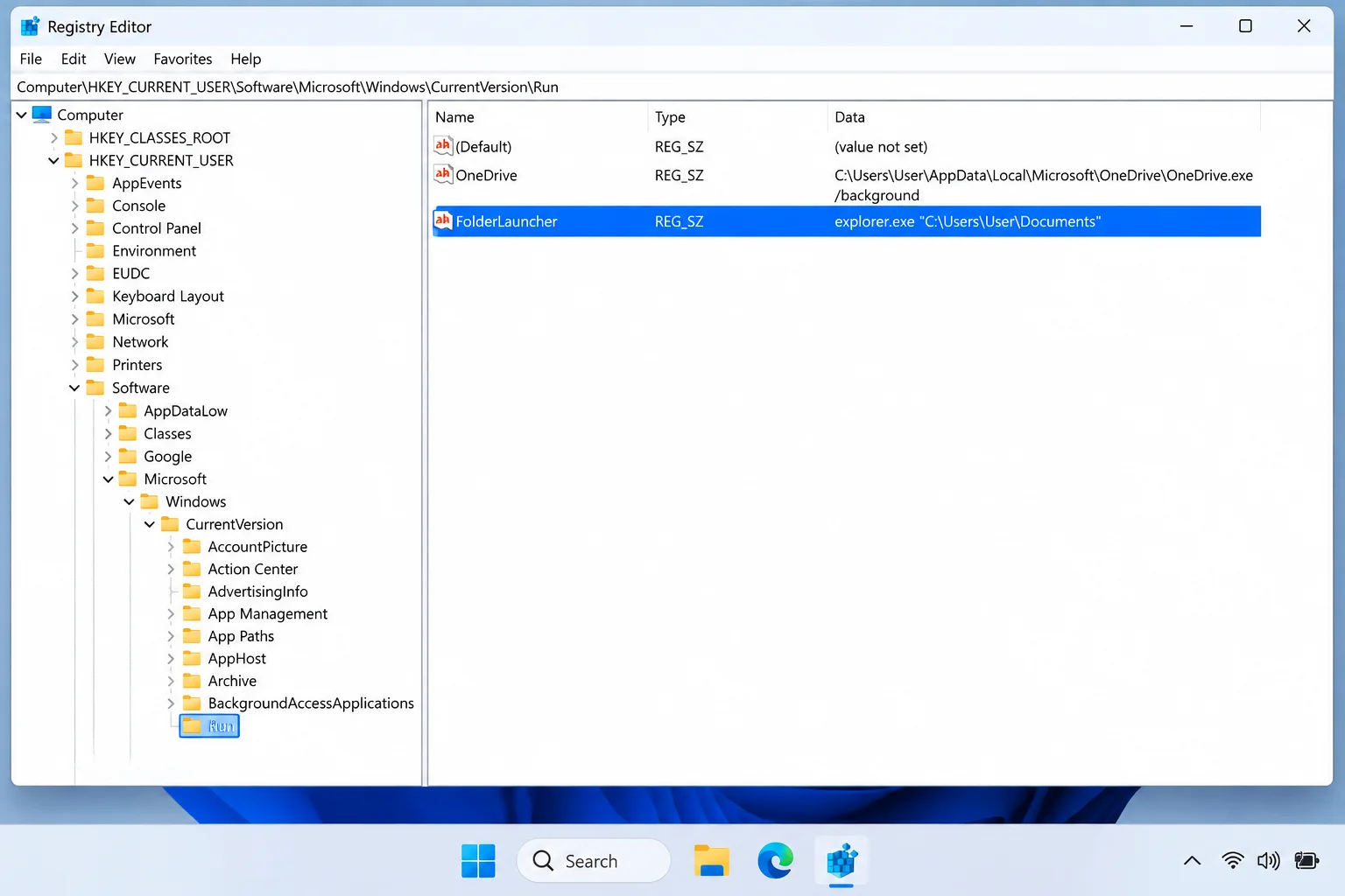 Windows 11 Registry Editor at HKEY_CURRENT_USER\Software\Microsoft\Windows\CurrentVersion\Run with a suspicious value selected