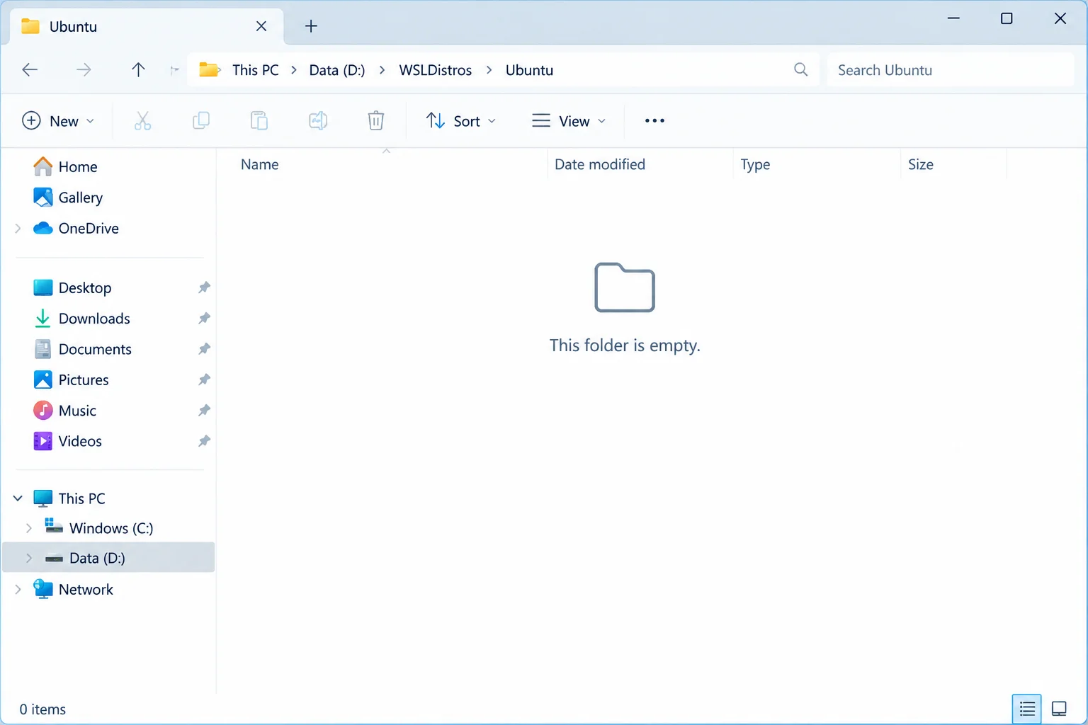 File Explorer showing the empty D:\WSLDistros\Ubuntu destination folder