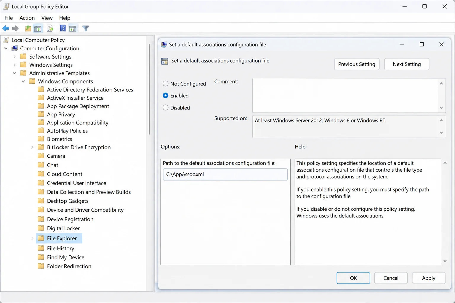 Local Group Policy Editor with 'Set a default associations configuration file' policy open, Enabled selected, and C:\AppAssoc.xml in the path field